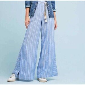 Anthropologie ettwa Striped Blue 100% Linen Wide-Leg Palazzo Pants